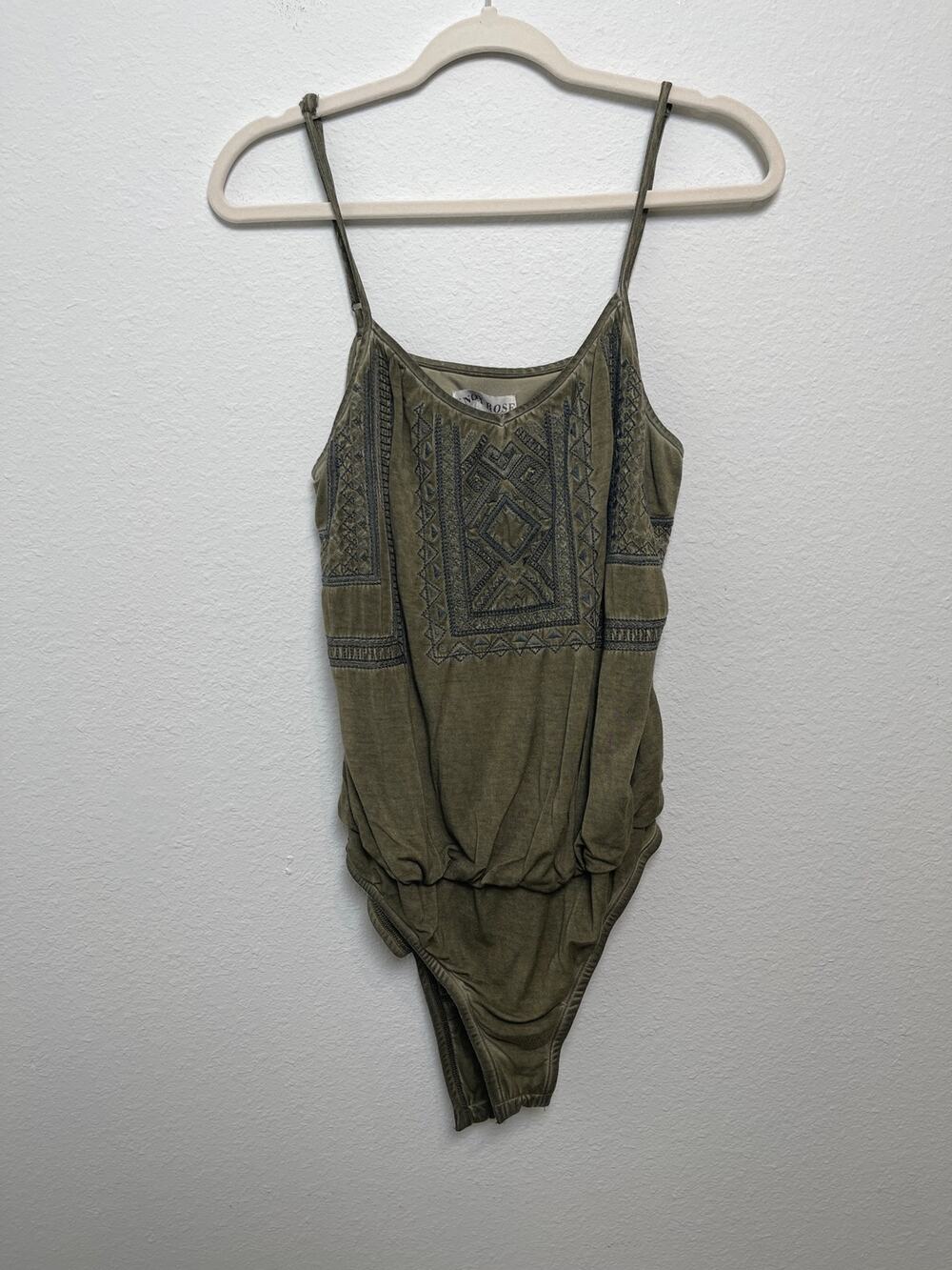 Knox Rose Women’s L Olive Green Embroidered Bodysuit Boho Festival Cami
